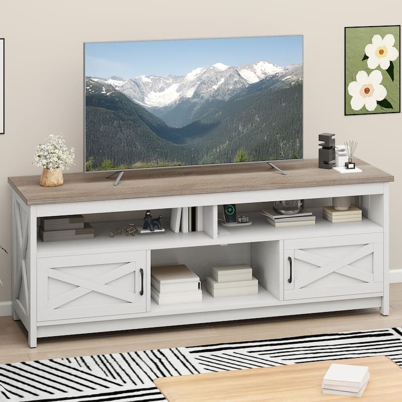 Moasis Farmhouse TV Stand for up to 65" TV with Doors and Open Shelves Media Console Power Outlet