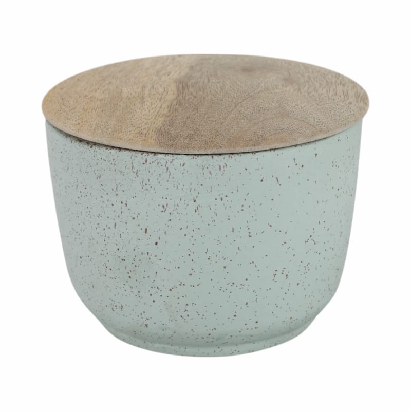 Pottery Wax Decorative Candle Wood Lid Casual Display Storage Jar - 4" x 4" x 3"