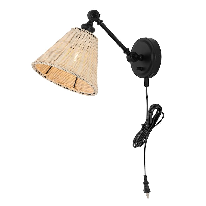 SAFAVIEH Lighting Oswynn Wall Sconce (Set of 2) - Black/Natural Rattan - 8"W x 15"D x 10"H