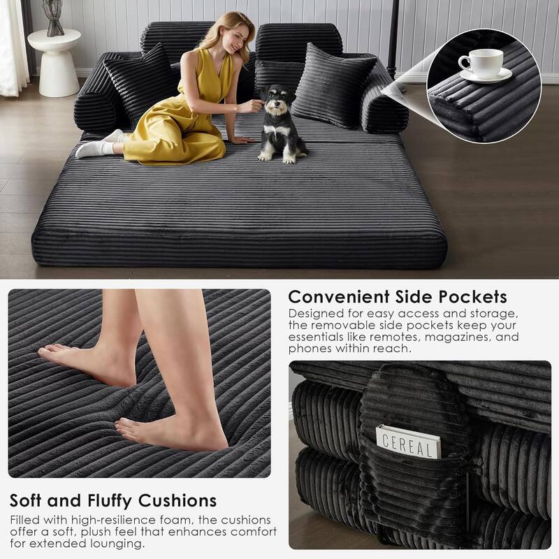 Convertible Sleeper Sofa Bed, 78.5" Corduroy Foldable Loveseat Sofa, King Size Floor Mattress Couch, No Assembly Required