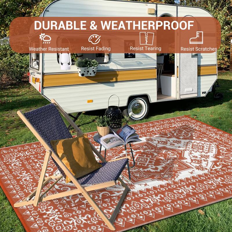 Outdoor Patio Rug Waterproof Reversible Carpet Vintage Boho Medallion Rug Plastic Straw Rug