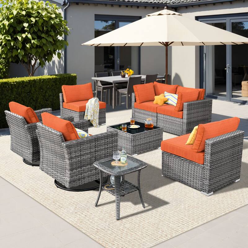 XIZZI 8-piece Patio Wicker Furniture Set with Swivel Chair - Red/Orange