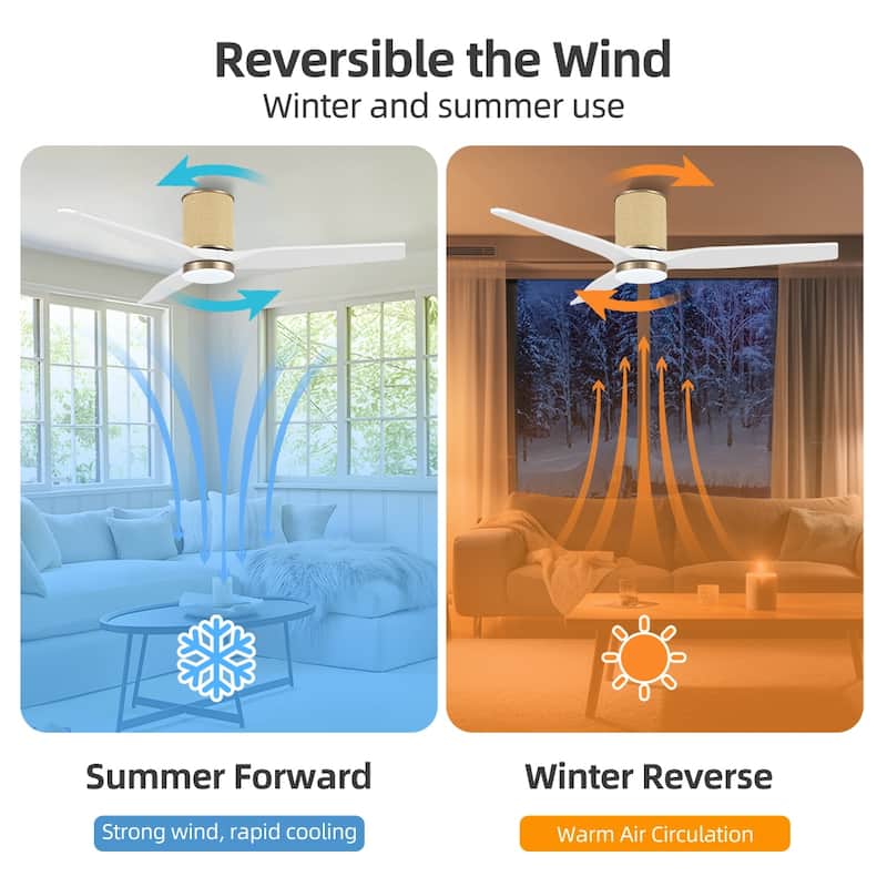 MLiAN 52 In. 3 Solid Wood Blades Flush Mount Ceiling Fan with Light Kit - 52"