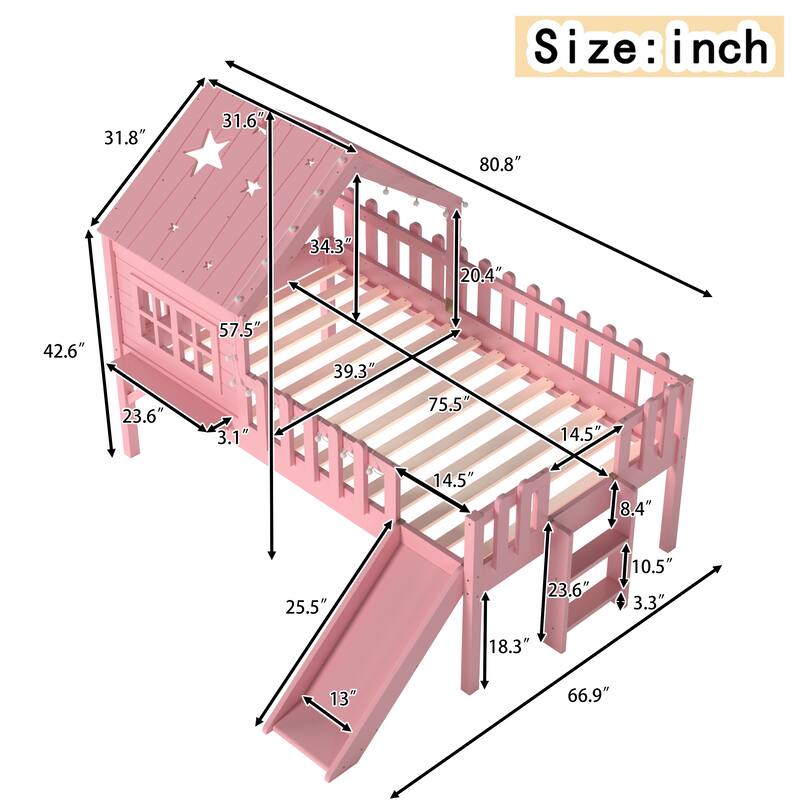 Twin Size House Loft Bed with Slide,Playhouse Bed with Star Moon-shaped Designs and Window, Chic Design with LED Lights