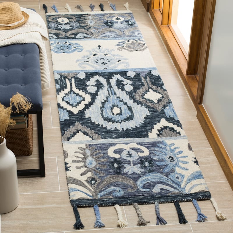 SAFAVIEH Handmade Suzani Mihaela Boho Tribal Wool Rug - 2'3" x 8' Runner - Blue/Ivory