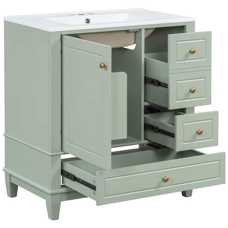 30" Bathroom Vanity w/Ceramic Sink and One-Door Shelf, Water-Resistant Wood One Cabinet Vanities w/ 3 Drawers & Soft Close Door