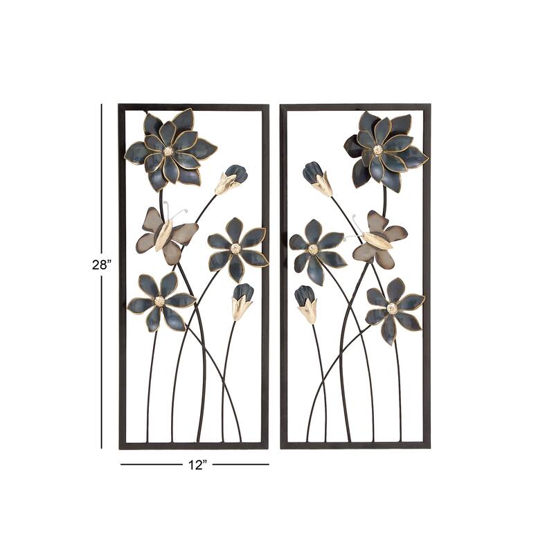 Teal Metal Floral Home Wall Decor with Black Frames and Butterfly Accents (Set of 2)