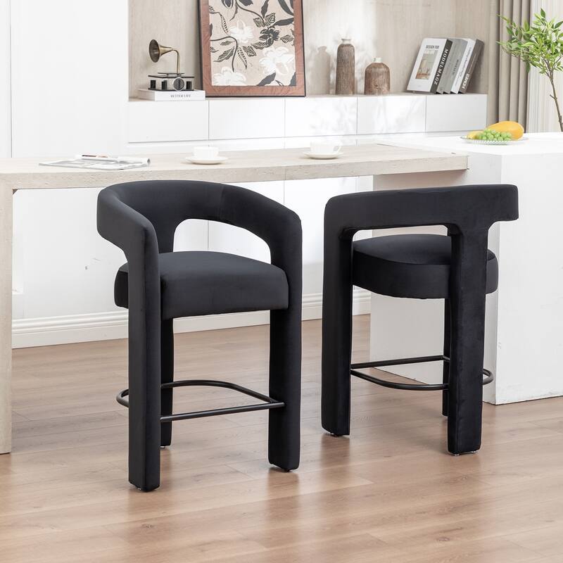 SEYNAR Modern Velvet 34.6''H Fixed Height Open-Back Bar Stool with Metal Footrest Set of 2