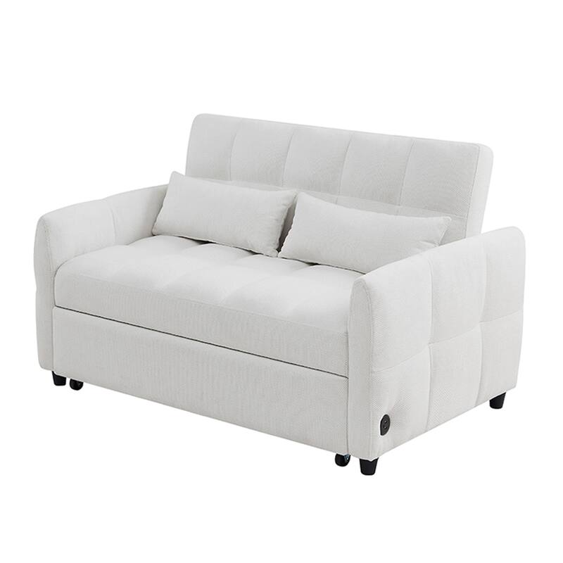 52.8" Convertible Loveseat Sofa Bed with Adjustable Backrest, USB Ports, Tufted Design, Chenille Upholstery, Beige