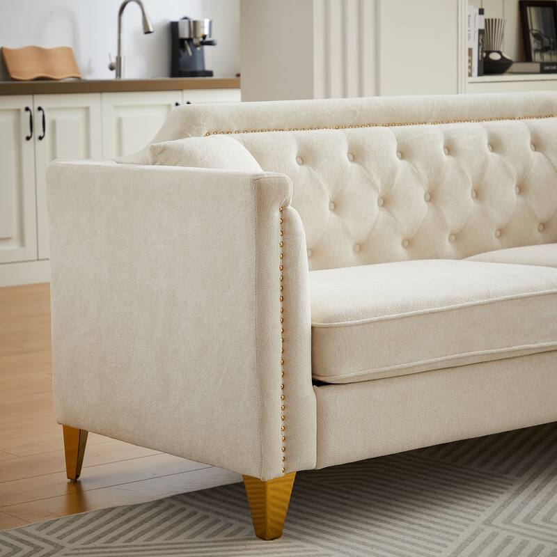Chenille Sofa with Golden Metal Legs, 3-Seater Couch with Solid Wood Frame and 750 lbs Capacity