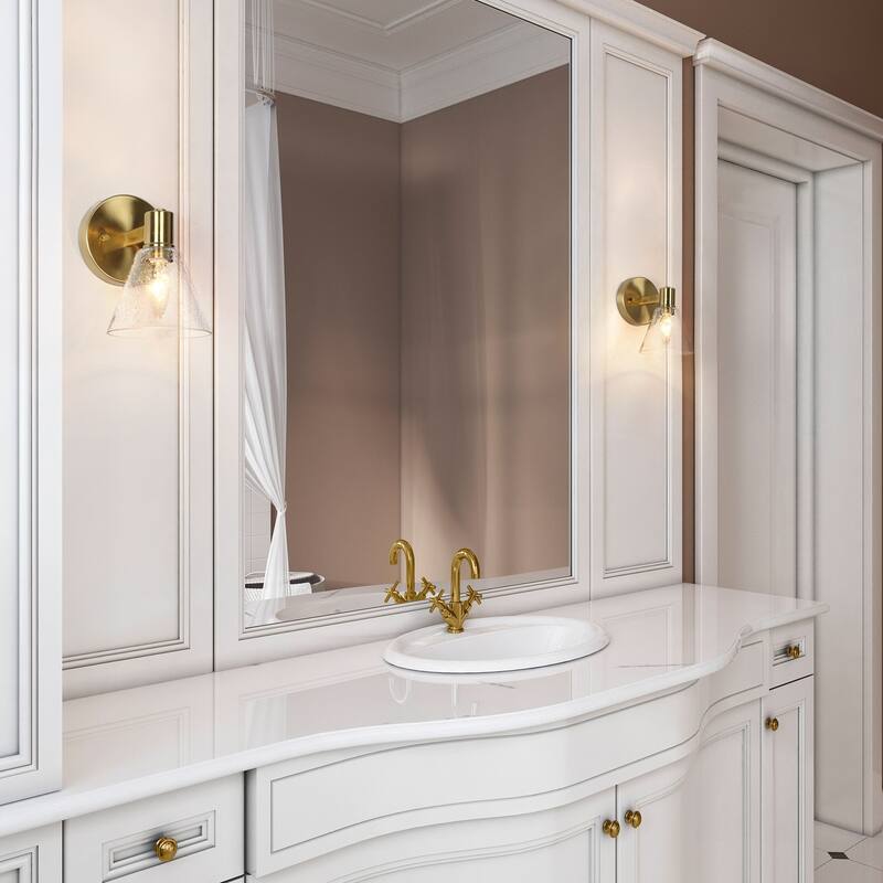 Veniya Glam Gold LED Bathroom Single Cone Wall Sconce Electroplate Brass 1-light with Clear Seeded Glass - L 5" x W 6.5" x H 7"