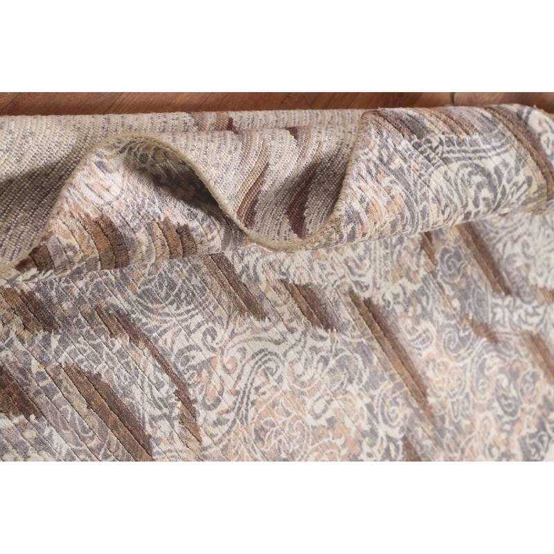 Beige Striped / Abstract Indian Area Rug Handmade Wool Carpet - 3'10"x 6'0"