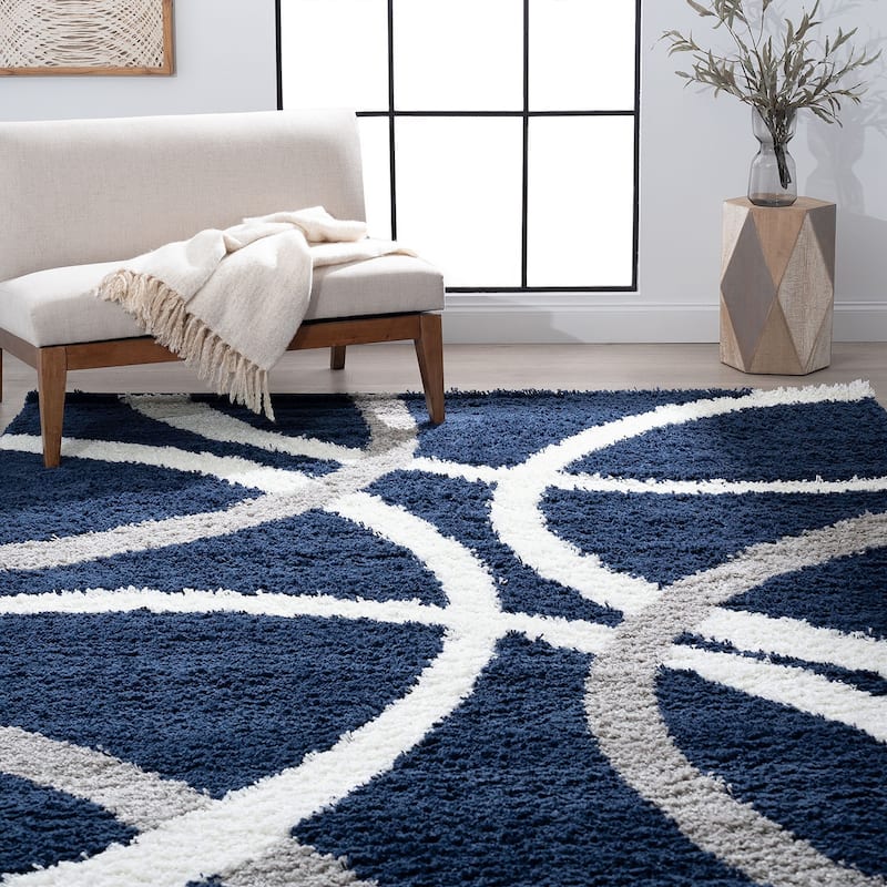 Upscale Shag Modern & Contemporary Abstract Indoor Area Rug - 4' x 5'3'' - Navy/Silver