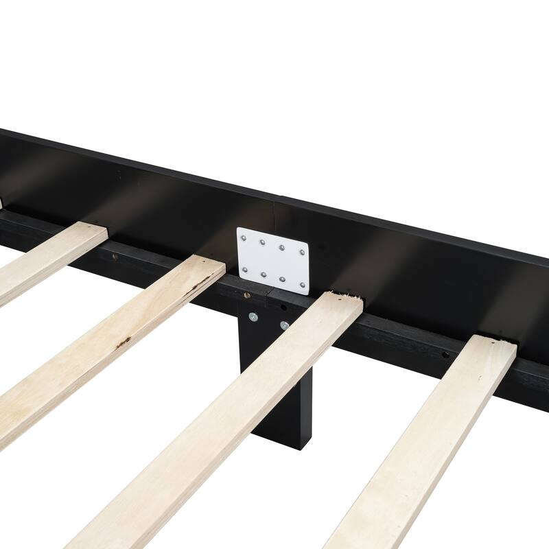 Queen Size Vintage Wooden Bed with Rattan Headboard & Slat Support