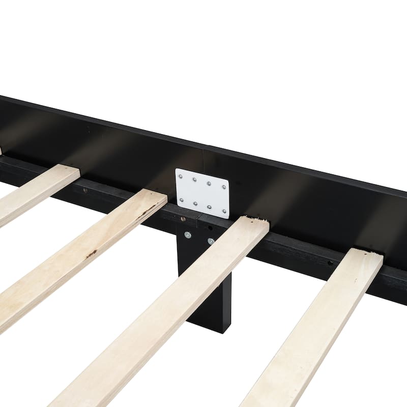 Queen Size Wooden Platform Bed with Natural Rattan Headboard, Vintage Bed Frame, Black