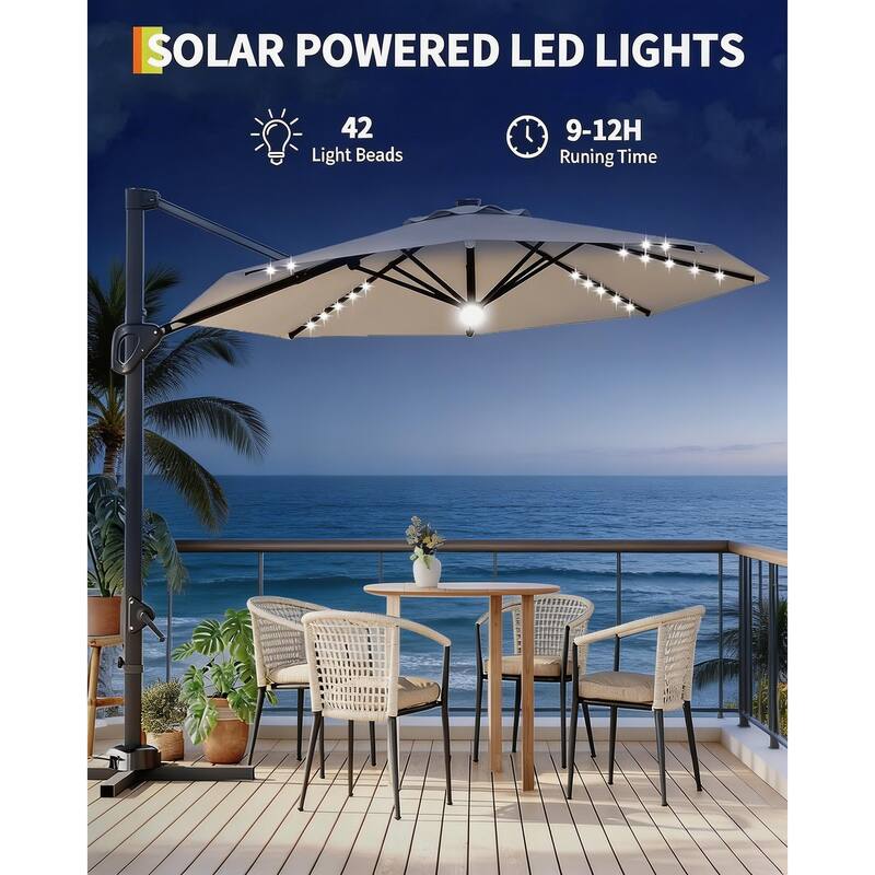 10FT Outdoor Cantilever Umbrella, 360-Degree Rotation, with LED