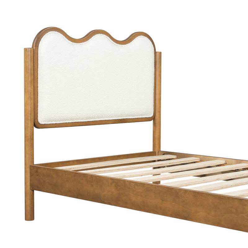 Christopher Knight Home - Modern Upholstered Boucle Bed Frame with Wooden Legs with Wavy Curved Headboard