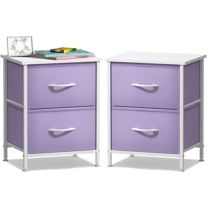 Sorbus Nightstand with 2 Drawers - Steel Frame, Wood Top & Easy Pull Fabric Bins (2 Pack) - Purple