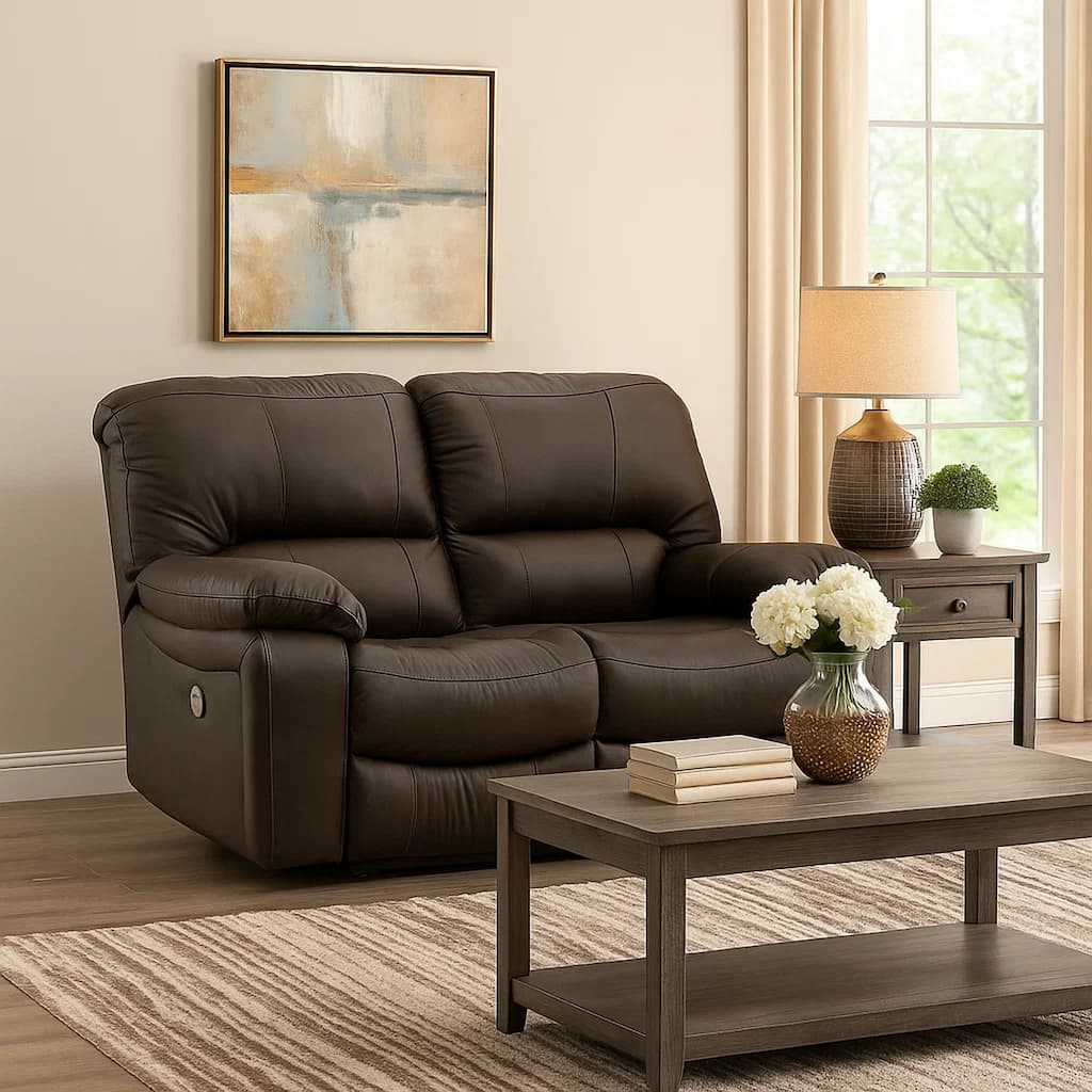 Niy 65 Inch Power Recliner Loveseat, Cushioned, Dark Brown Leather