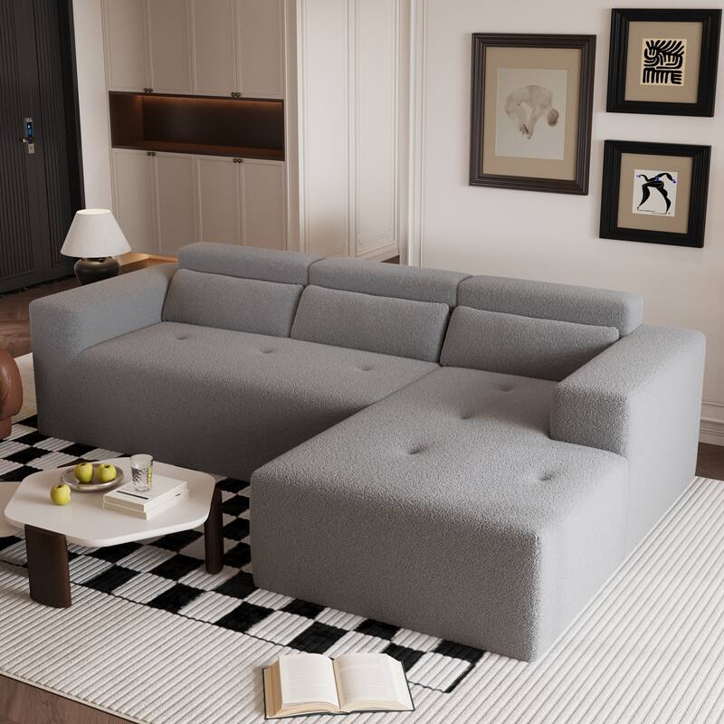 L Shaped Modular Sectional Cloud Sofa with Chaise, Teddy Fabric 3 Seat Corner Sofa, Upholstered Couch with Pillows