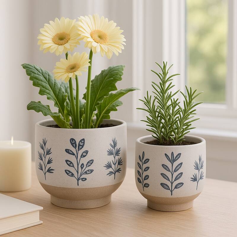 Stoneware Planters Botanical Detailing and Textured Design (Set of 2)
