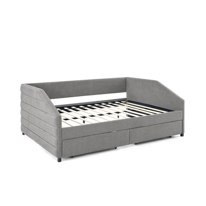 Roomfitters Queen/Twin Size Upholstered Daybed with Drawers, Linen Tufted Sofa Bed with Trundle Storage, Modern Guest Bed