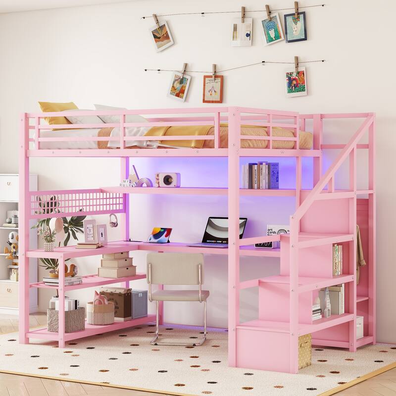 Full Loft with Built-in Desk, Closet, Stair Storage, LED Lighting & USB Charging Hub