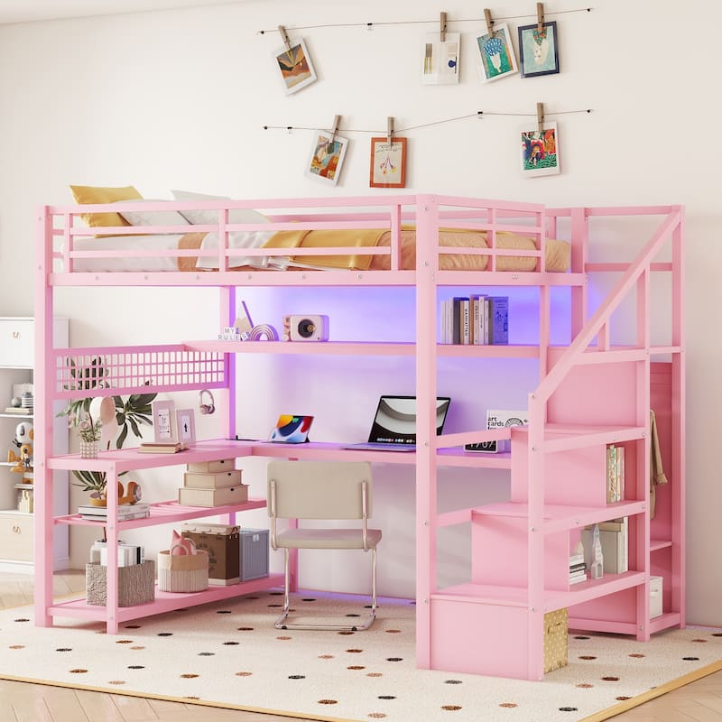 Full Size Loft Bed with Staircase and Wardrobe, Metal Loft Bed with Desk, Storage Shelves, LED Lights and Charge Station, Pink