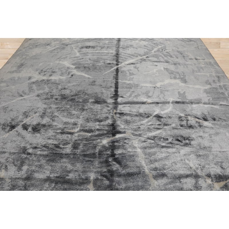 Hand Knotted Designer Tone On Tone, Gray Tibetan Bamboo Silk Area Rug - 9' 2'' x 12' 2''