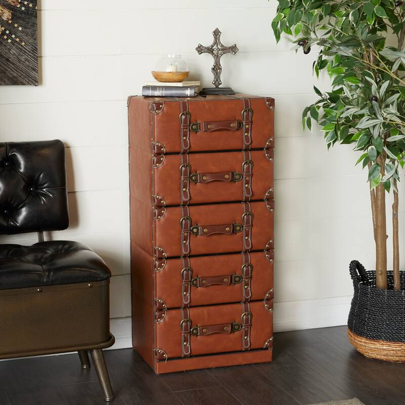 Wooden Faux Leather 5 or 6 Drawers Chest with Buckle and Strap Detailing - Brown - Roche River Decor