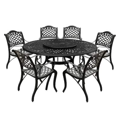 Modern Ornate Outdoor Mesh Aluminum 59-in Large Round Patio Dining Set with Lazy Susan and Six Chairs - N/A