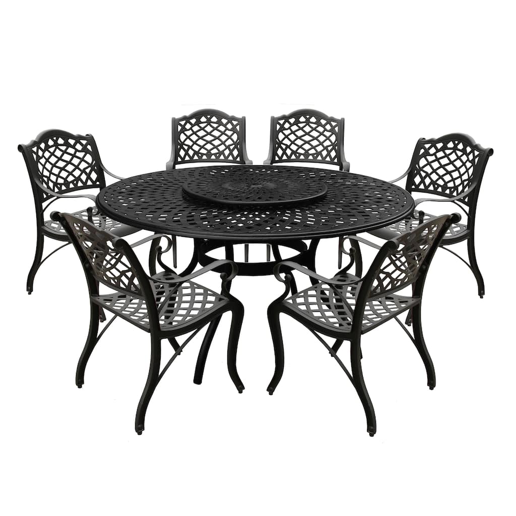 Modern Ornate Outdoor Mesh Aluminum 59-in Large Round Patio Dining Set with Lazy Susan and Six Chairs