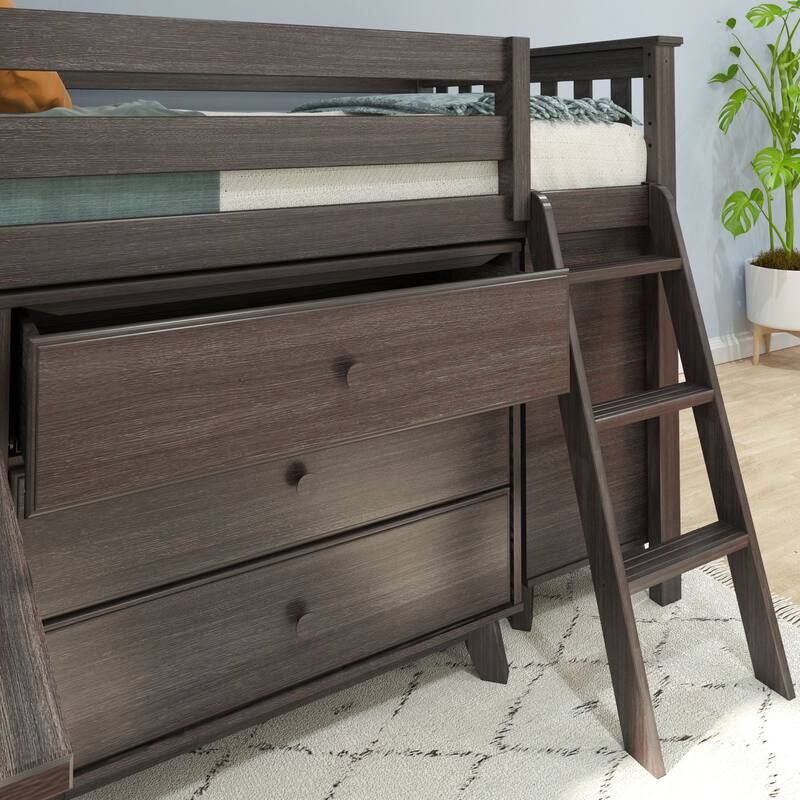 Max and Lily Twin-Size Low Loft with Pull-Out Desk and 3-Drawer Dressers