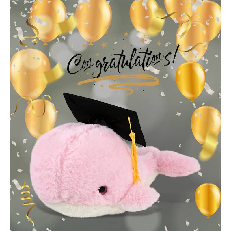 DolliBu Pink Whale Large Graduation Plush with Cap with Tassel Outfit - 13 inches