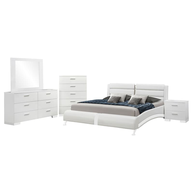 Zor 5pc King Bedroom Set, Bed, White Faux Leather and Chrome Accents