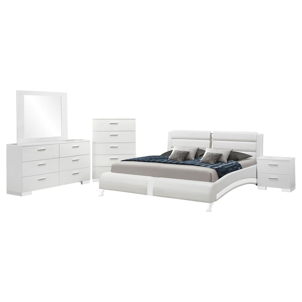 Zor 5pc King Bedroom Set, Bed, White Faux Leather and Chrome Accents