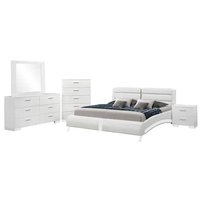 Zor 5pc Queen Bedroom Set, Bed, White Faux Leather and Chrome Accents