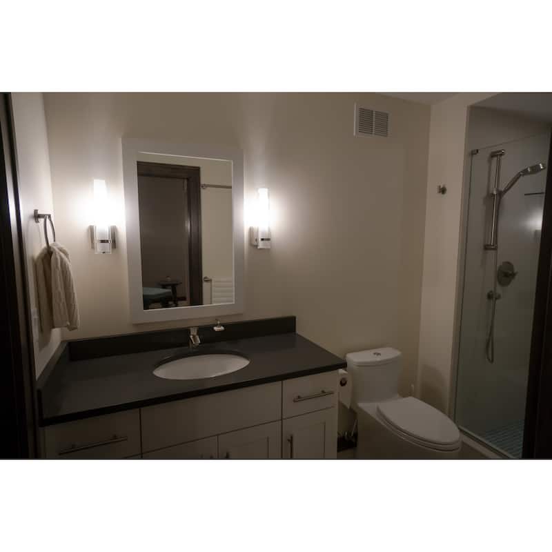 Vilo 1-Light 4.25 in. W Satin Nickel Bathroom Vanity Lighting Fixture, Clear Water and White Frosted Glass, Wall Mount Sconce