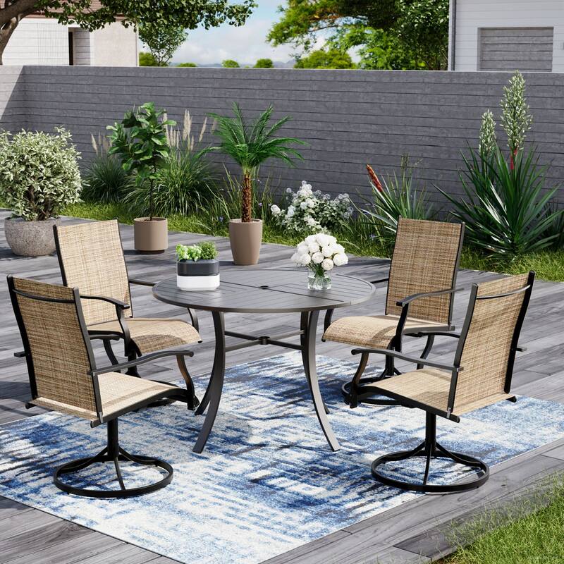 Patio Dining Set w Textilene / Swivel Rocking Chairs, Outdoor Table & Chairs w Adjustable Umbrella Hole, 5/7/9-Piece Garden Set - Brown-Swivel - 5 Piece-Round