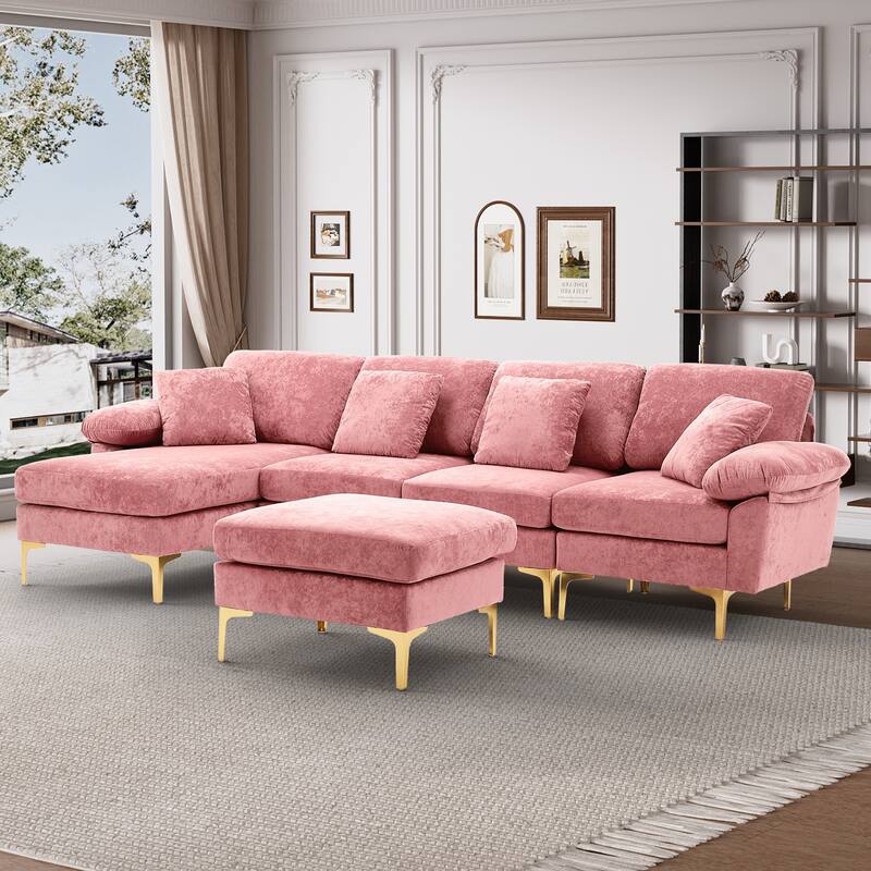 110" Upholstered Velvet U-shaped Sectional Sofa With Chaise Lounge & Ottoman - Pink