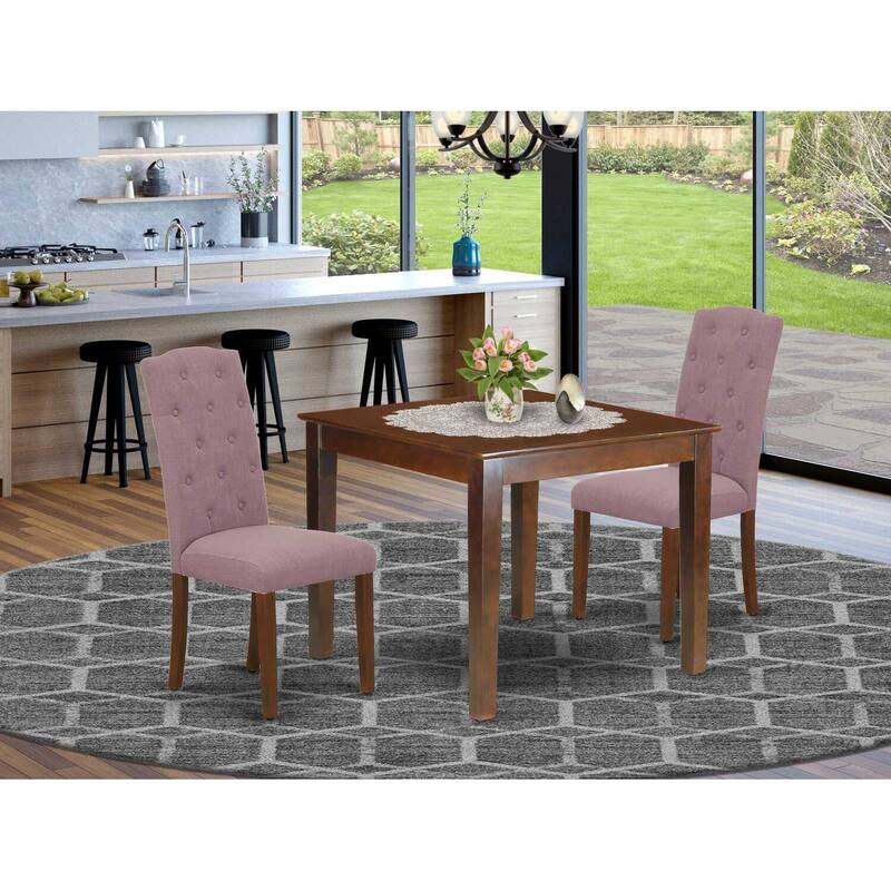 3Pc Dinette Set - Square Kitchen Table & 2 Parsons Chairs - Mahogany Finish