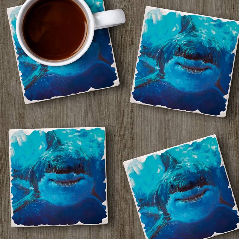 Deep Blue Shark Home 4-Pack Absorbent Stone Coasters with Protective Cork Backing 4" Square Made in The USA Easily Wipes Clean