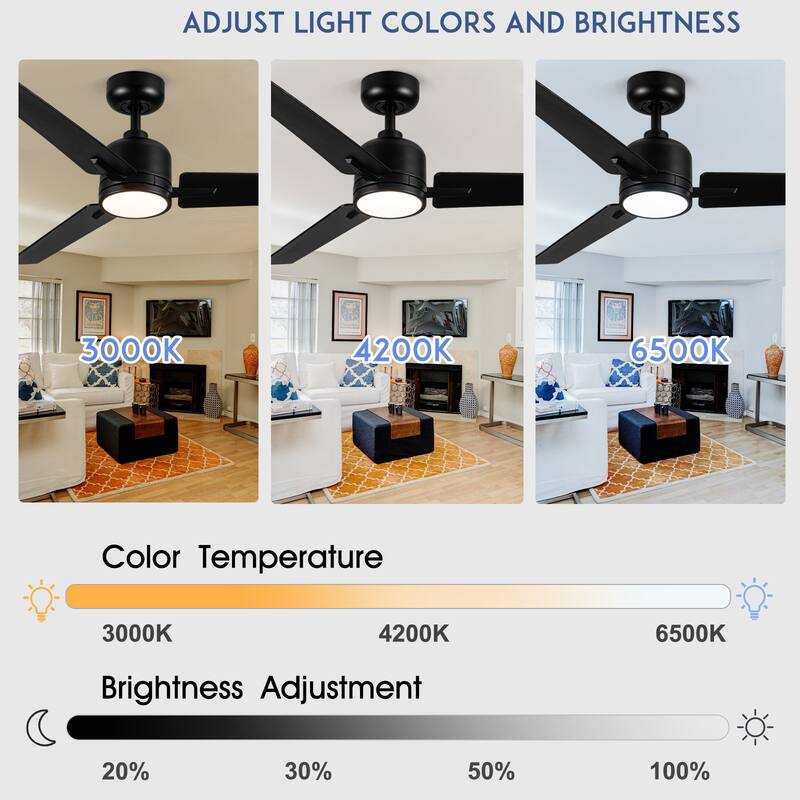 YUHAO Kaleido 48 in. Indoor Matte Black Ceiling Fans with 3-Colors Integrated LED and Dual-Finish Blades