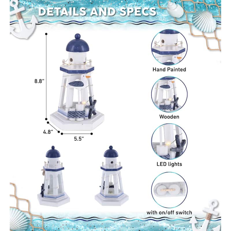 CoTa Global Ocean Blue Nautical Wooden Lantern Lighthouse w/ LED Light - 8.8″Lx5.5″Wx4.8″H