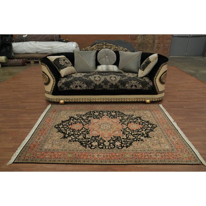 Hand Knotted Oriental Wool & Silk Carpet Traditional Geometric Navy Blue & Blues Tabriz Area Rug - 7' 0'' X 5' 1''