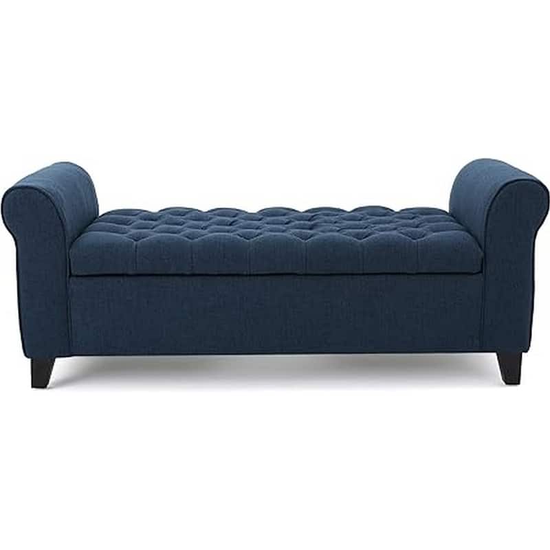 Shawn Storage Bench with Rolled Arms, 50 Inch Button Tufted, Dark Blue