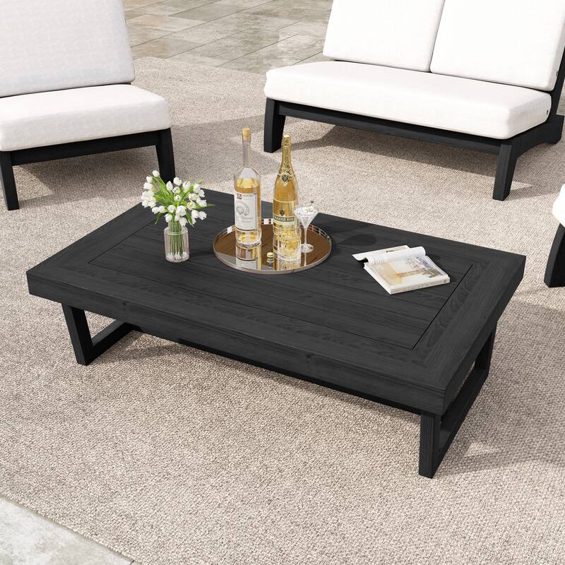 Beach-Style Outdoor Acacia Club Chair Set Loveseate with Plush All-Weather Cushions - Tea Table - Dark Grey/Tea Table