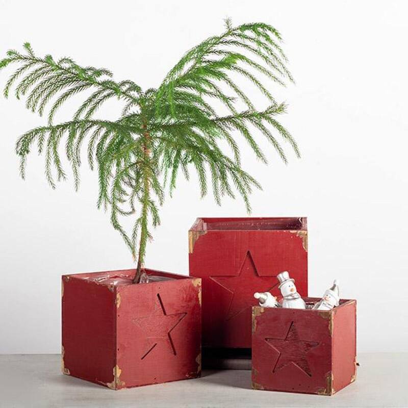 Set Of 3 Red With Stars Square Wooden Boxes