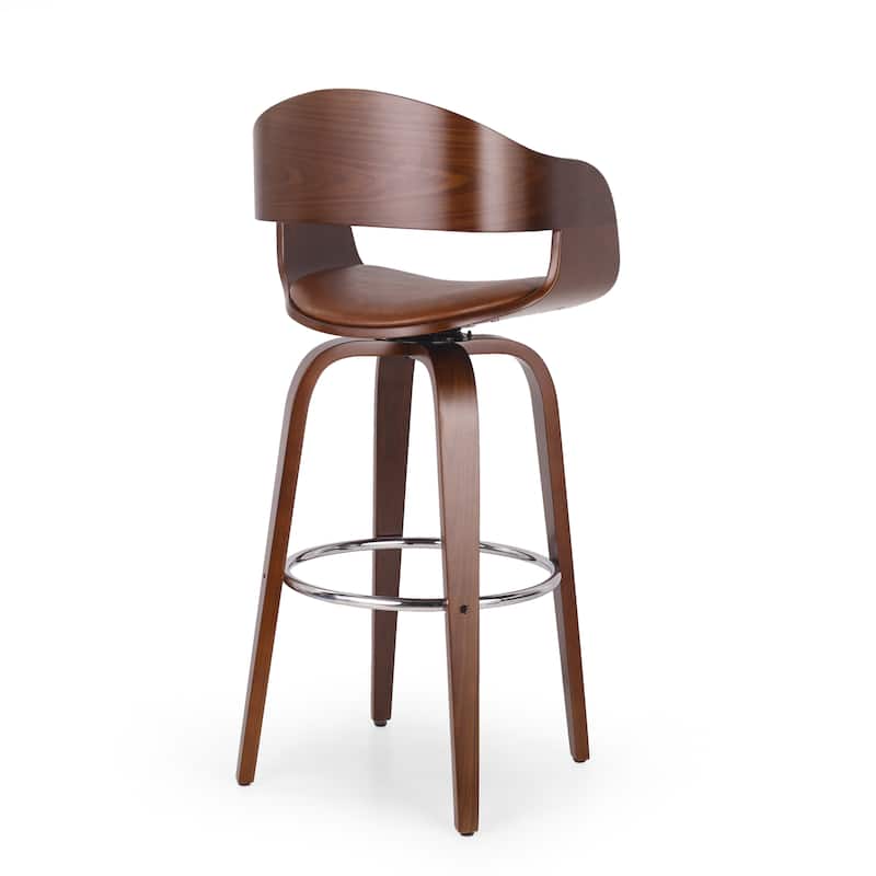 Roomfitters Mid-Century Modern Bentwood Bar Stool with Swivel Faux Leather Seat and Chrome Footrest, Brown