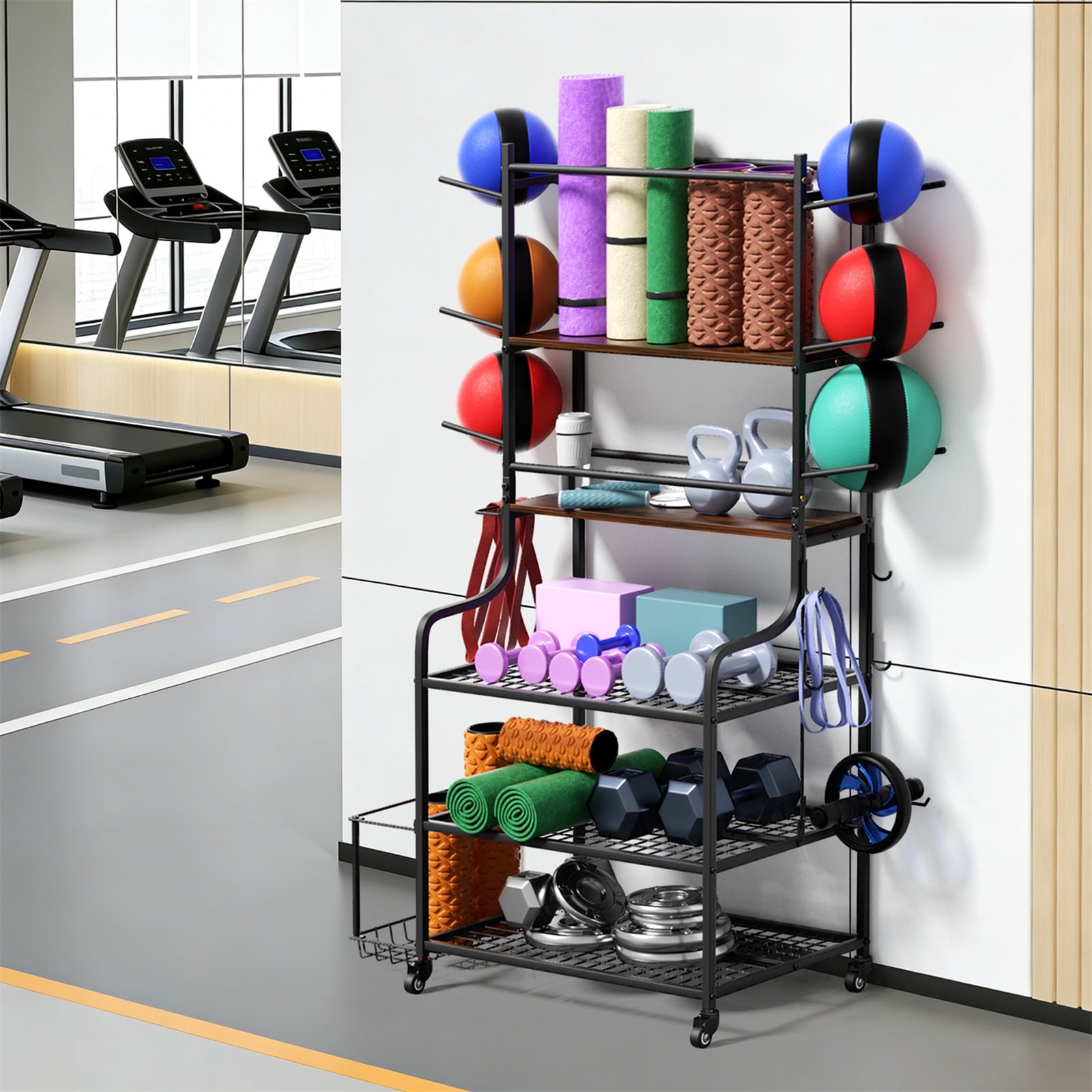 Freestanding Rolling Sports Equipment Organizer Home Gym Storage Rack with Wheels